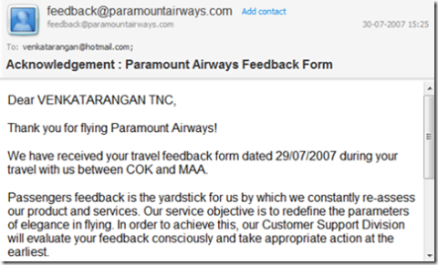Feedback on Paramount Airways