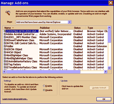 Manage Add-Ons - Microsoft Internet Explorer - Windows XP SP2