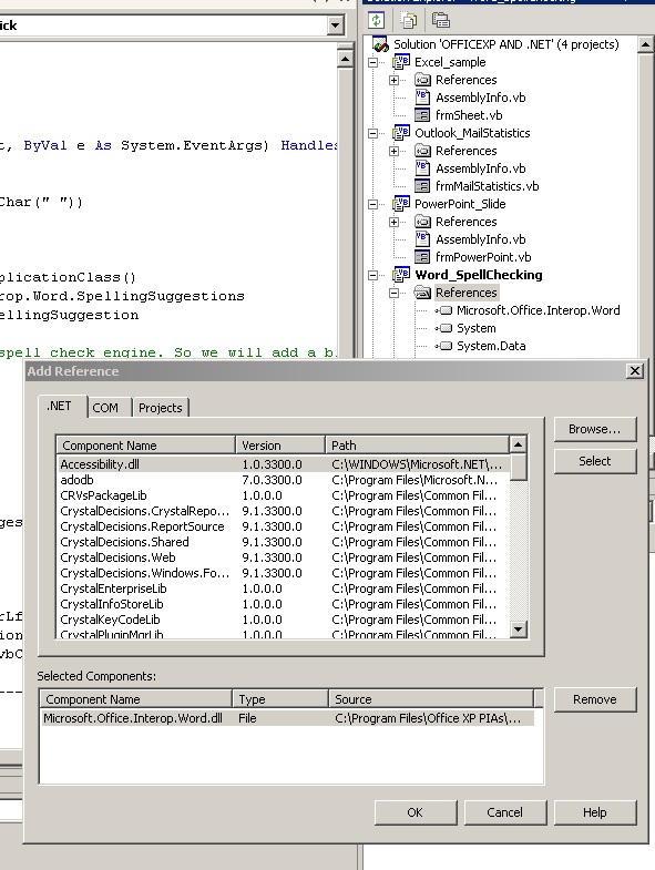Figure 1: Word Sample-Adding the reference in VS.NET to the Word PIA DLL file.