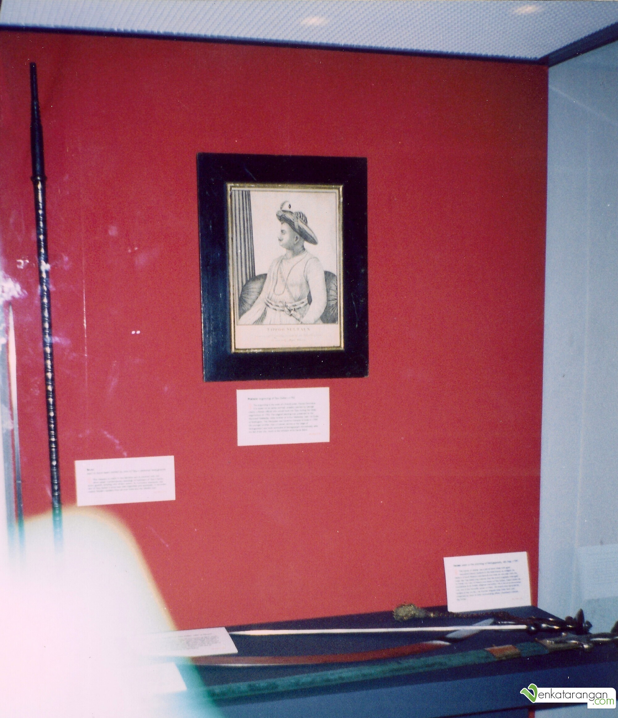 The above picture is a related one to Tipu Sultan, it was taken by me in 1998 at the Royal Museum of Scotland, Edinburgh. It shows the swords and  weapons which were taken away by the victorious scottish troops from the place of Tippu Sultan after his fall. 