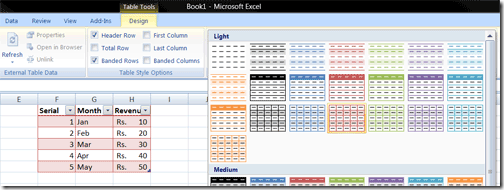 EXCEL 2007 TABLE DESIGN