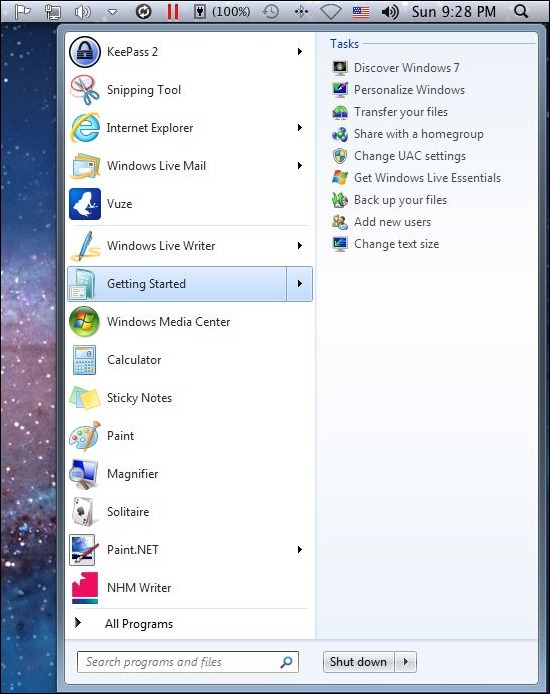 Windows Start menu in Mac OS Menu bar