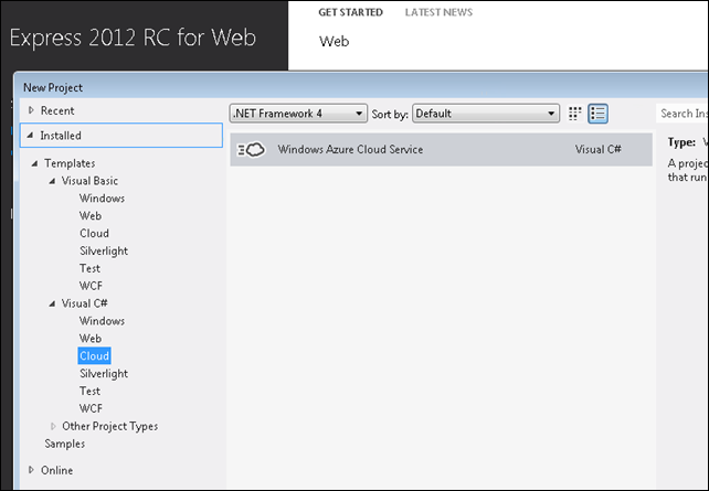 Visual Studio 2012 RC for Web with Windows Azure template