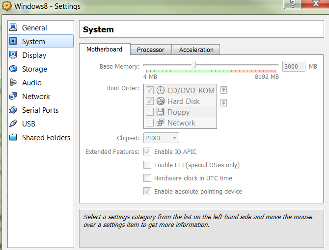 Virtual Box guest settings for Windows 8 instance 
