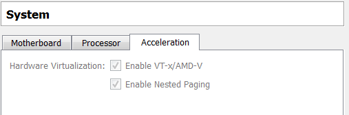 Virtual Box Acceleration tab settings - Windows 8
