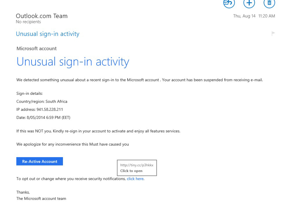 A convincing looking email masquerading as from Outlook.com-phishing attack