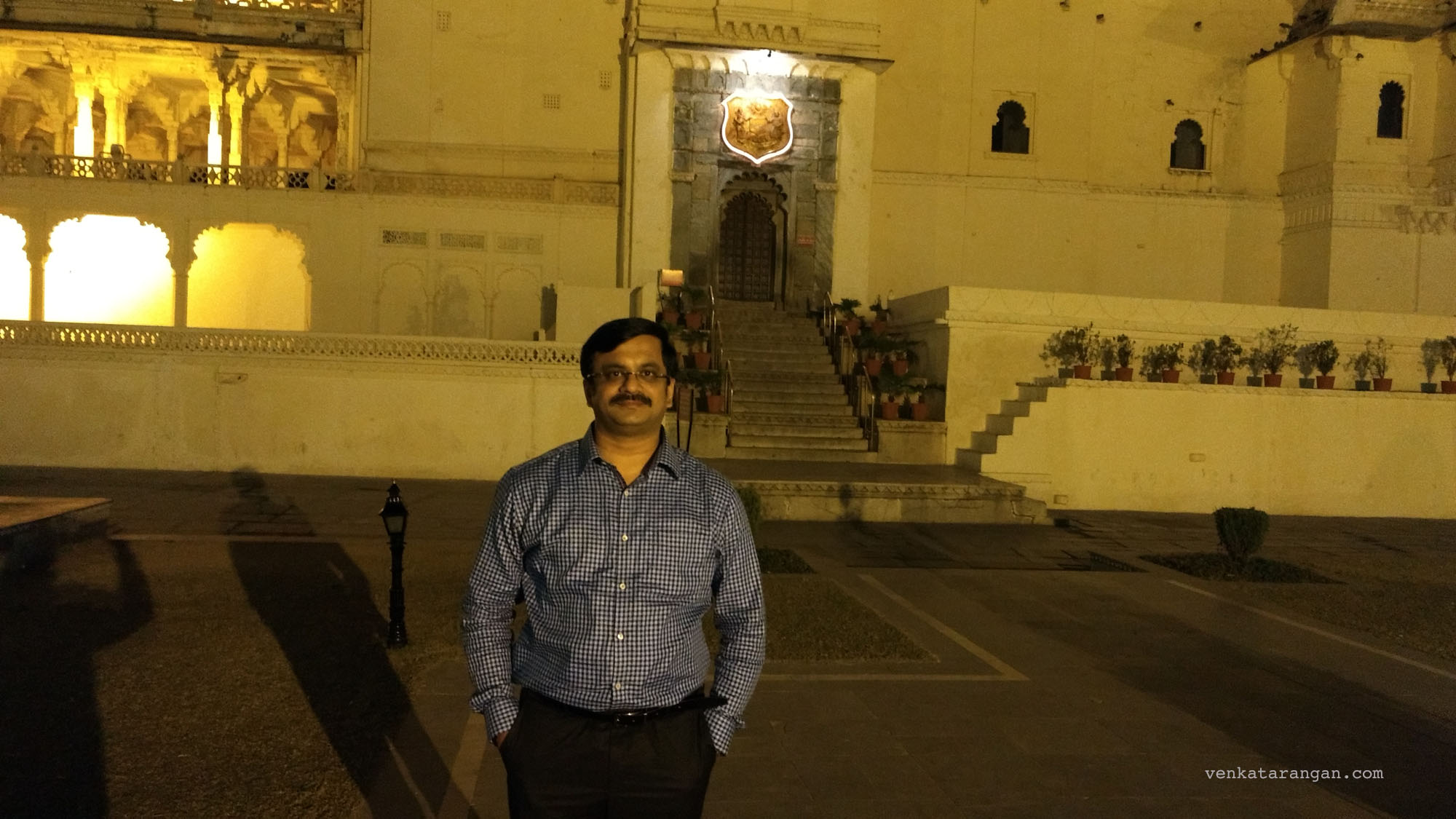 Venkatarangan in front of the City Palace of Udaipur at night