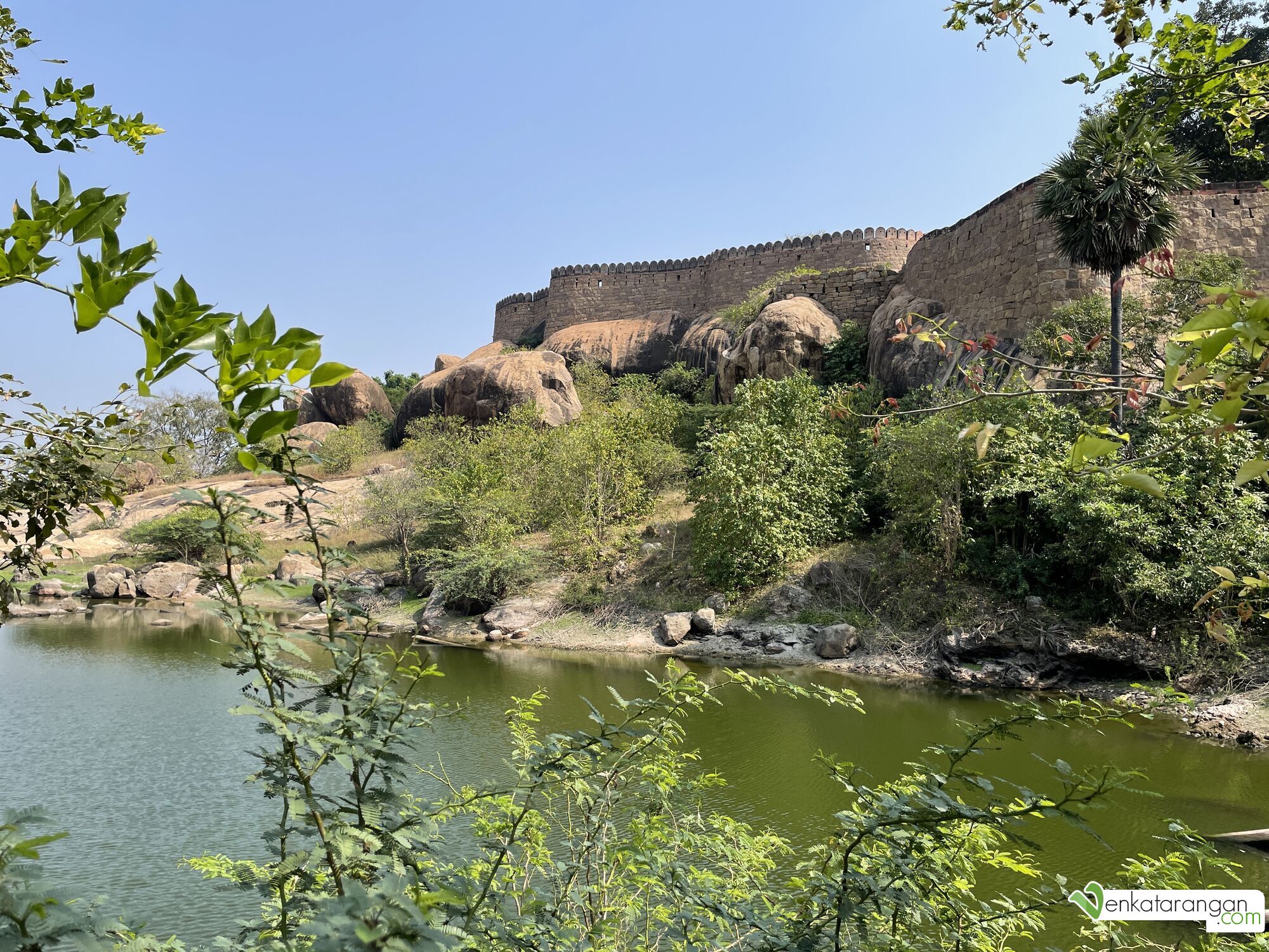 Thirumayam fort walls with the moat below
