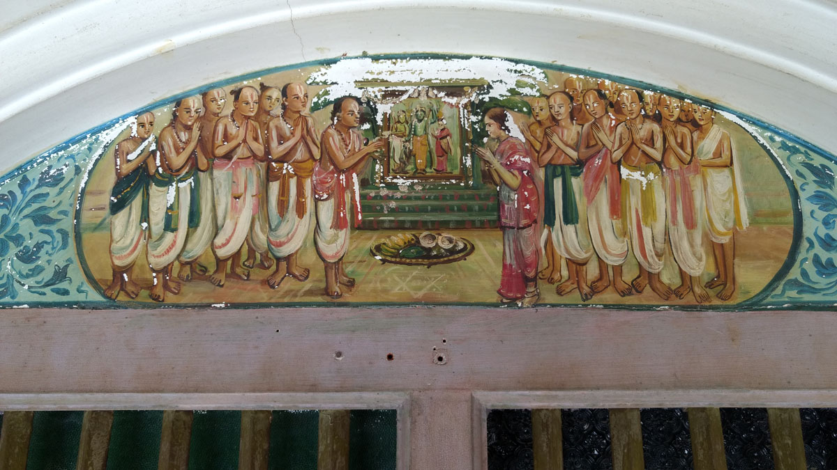 On top of every window frame, there is the beautiful pictorial narration of mythological stories — at Athangudi Palace.