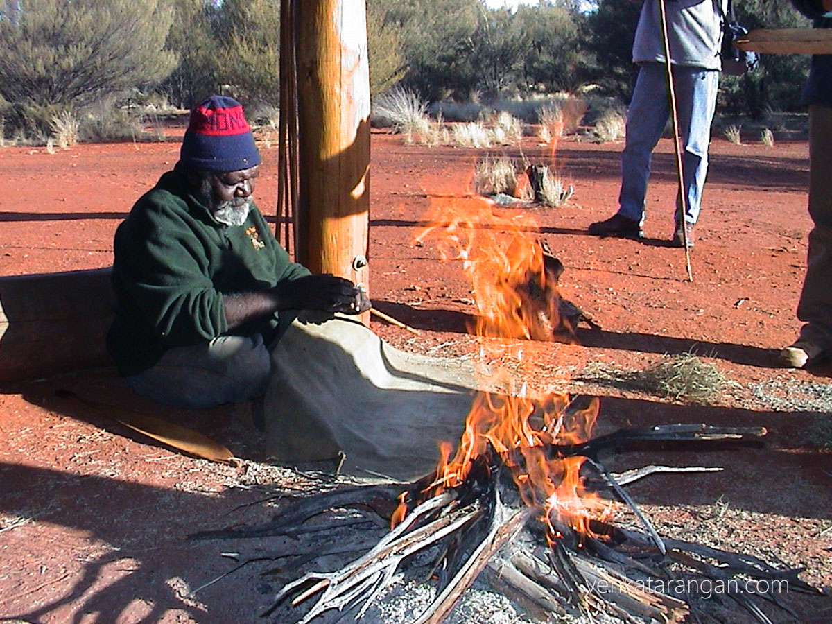 (June 2002) Traditional way of starting a fire shown by Aboriginal guide