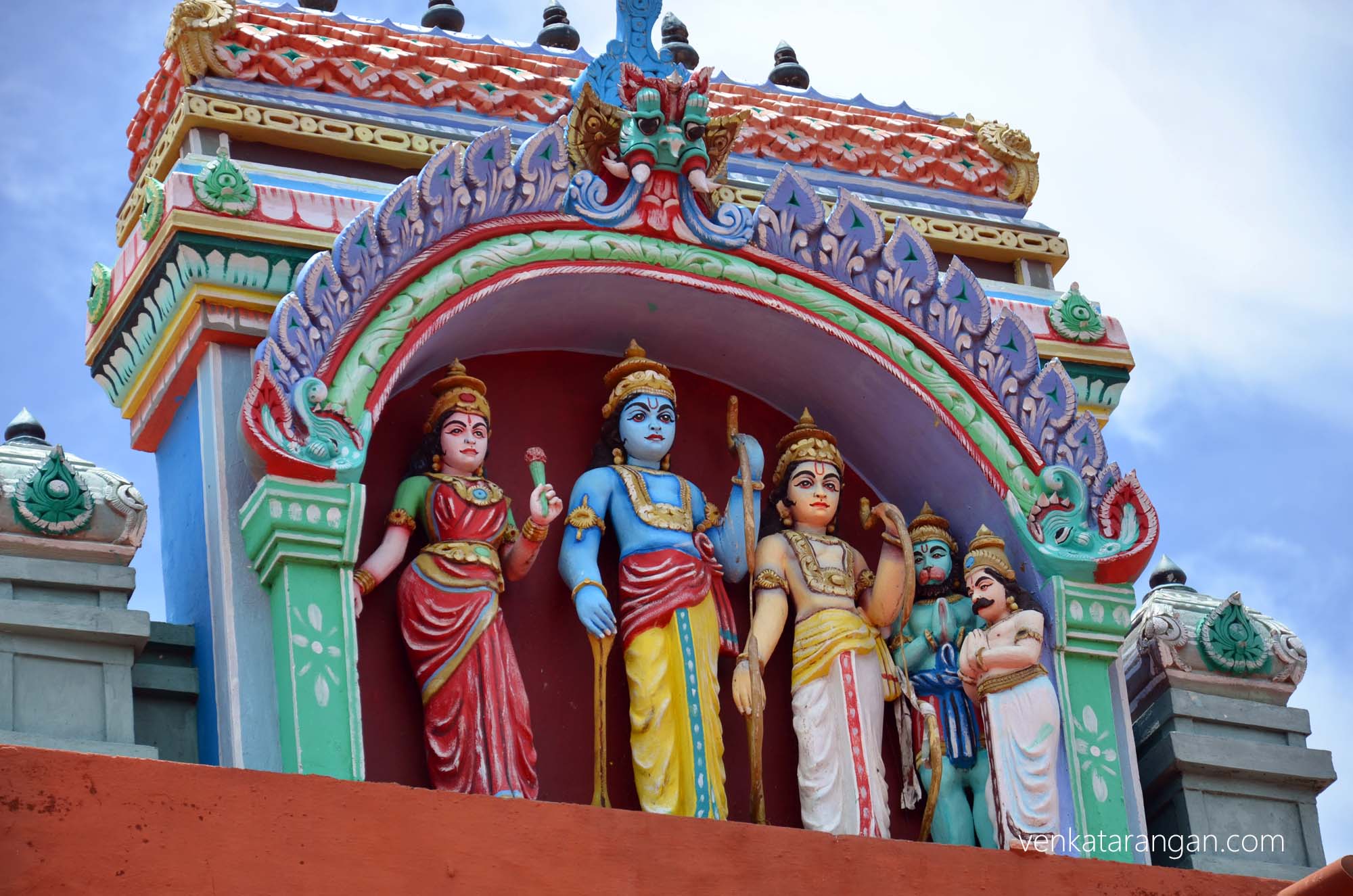 The temple tower depicting Goddess Seetha, God Rama and his brother Lakshmana along with Hanuman and Vibhheeshunar