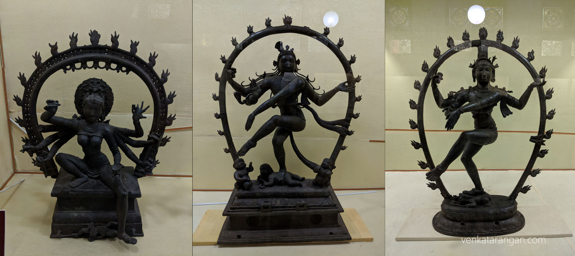 Bronze Gallery: 1) Mahishasuramardini-Turaikkadu, Tiruvarur, sculpture has a flame-like hair. 2) Nataraja (நடராசர்), 10th century, Melaperumbalallam, Tanjore, dancing on apasmara over a lotus pedestal & two ganas near either side 3) Nataraja (நடராசர்), 10th century, Kunniyur, Tanjore, Anandatandava pose, supposed to be the first ever recorded bronze Nataraja of Chola period.