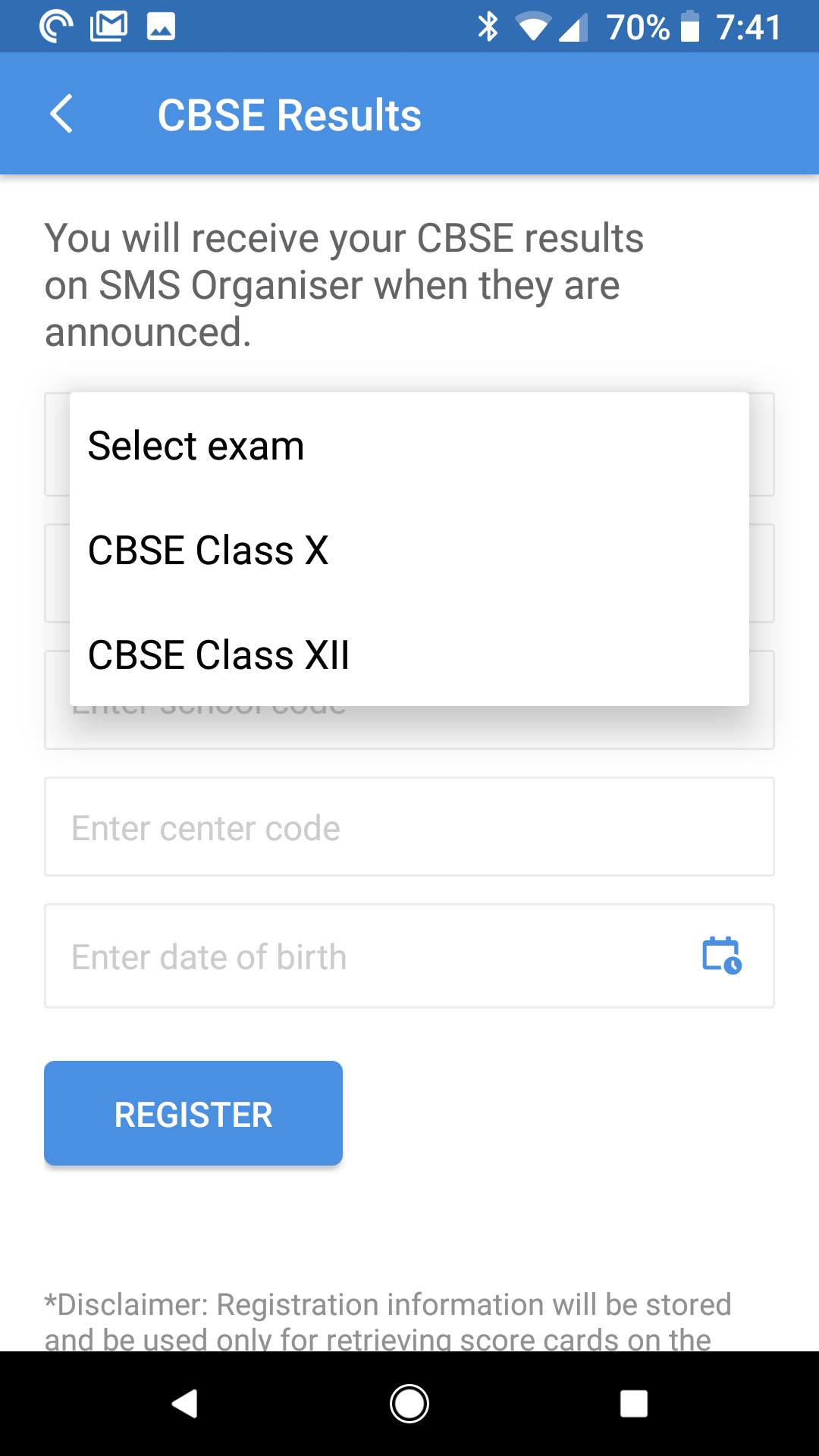 CBSE results showing in Microsoft SMS Organizer App