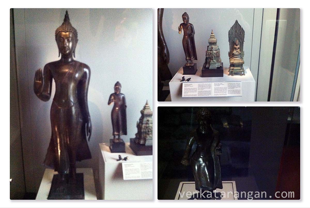The three-dimesional Bronze Walking Buddha (left) probably from the 15th to 16th centuries, Sukhothai, North-Central Thailand, is full of fluidity and movement. Standing Buddha. (bottom right) Sri Vijaya period standing bronze Buddha from the 5th to 9th centuries, Kedah, Malay Peninsula.