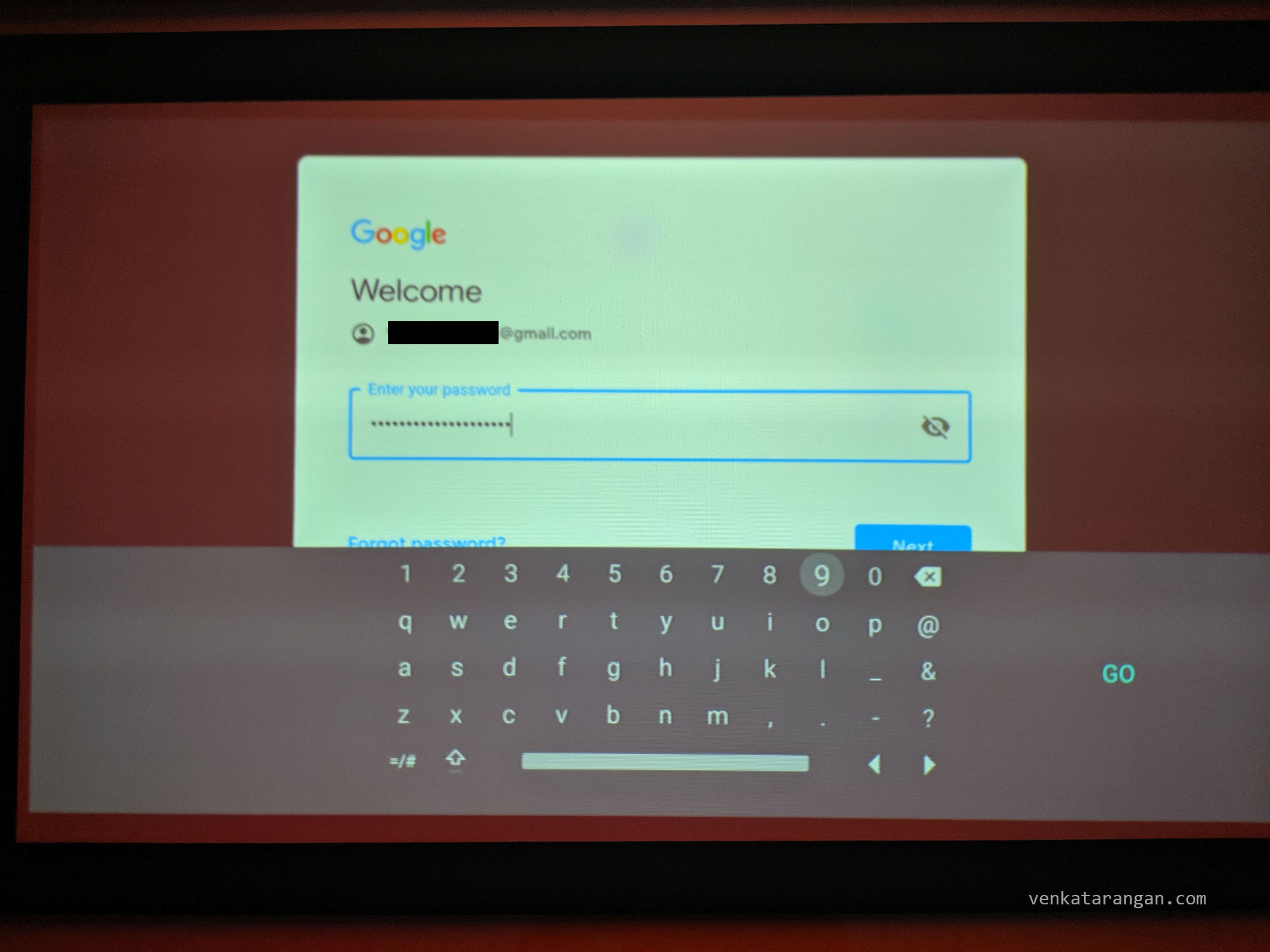 Entering Google Account Password in Android TV