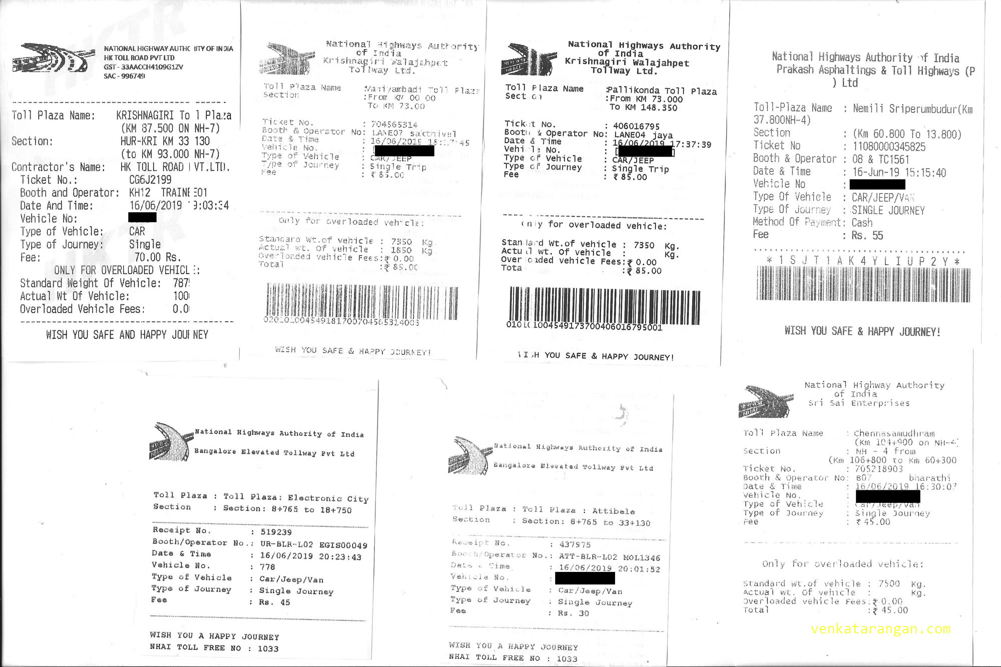Highway toll tickets - Chennai to Bangalore - Rs.415 in total