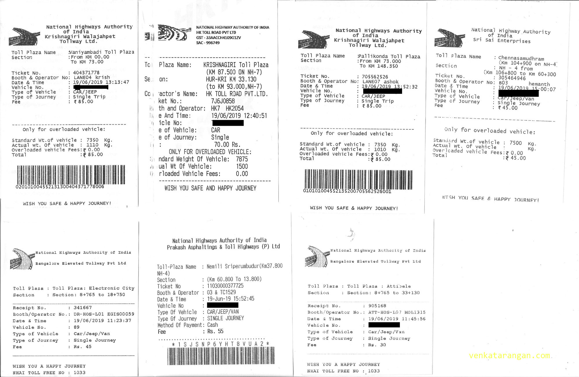 Highway toll tickets - Bangalore to Chennai - Rs.415 in total