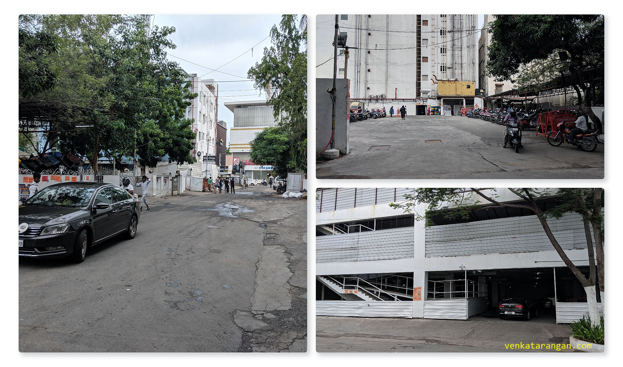 (from left clockwise) Lakshmi Narayanan Street off. Duraiswamy Road, rear side entrance to Saravana Stores Panagal Park, Car Park building