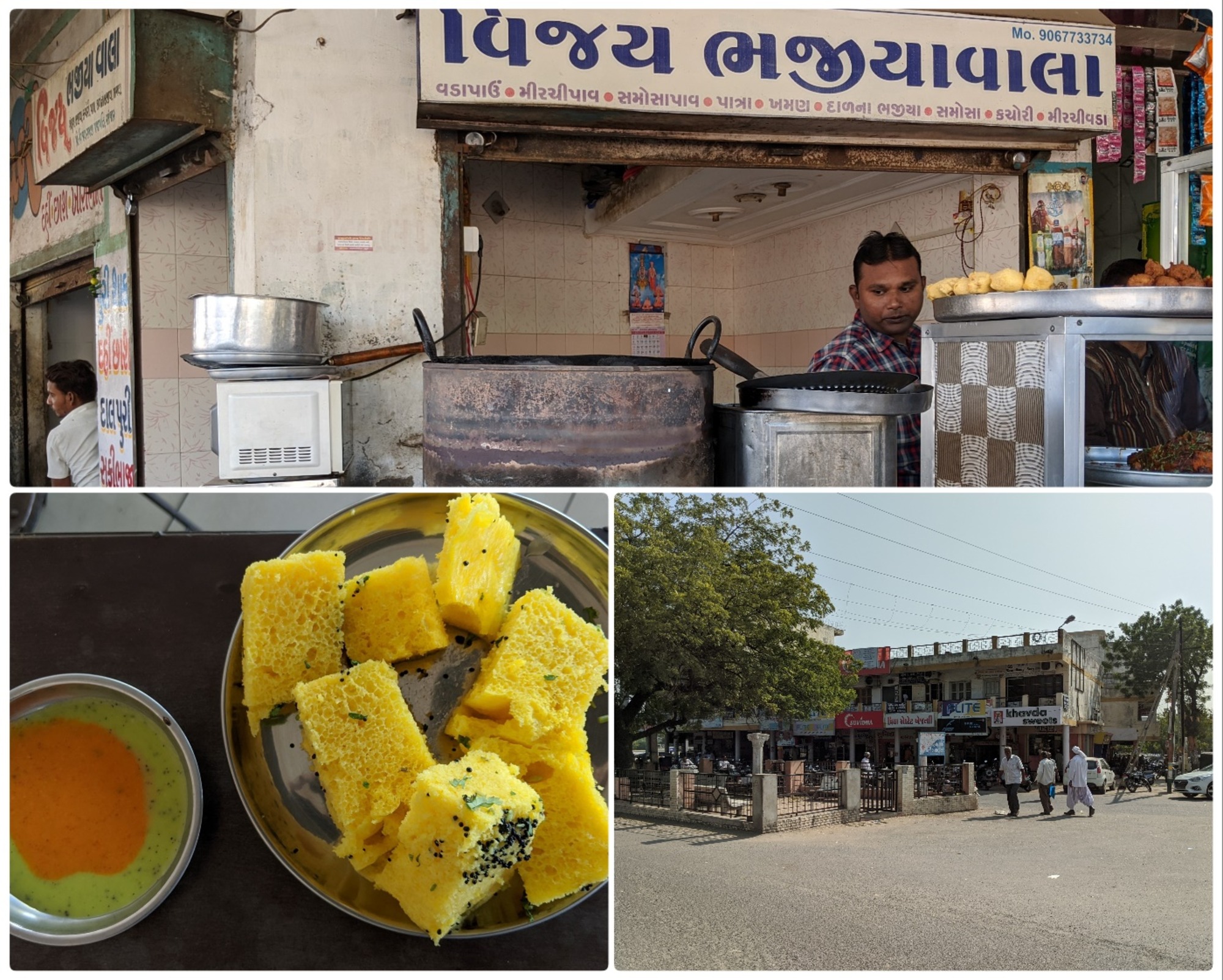 On the way, we stopped at New Anjar, Kutch for some tasty Dhokla at Vijay Bhajiawala selling Vadapav, Mirchipav, Samosapav and Khaman Dhokla