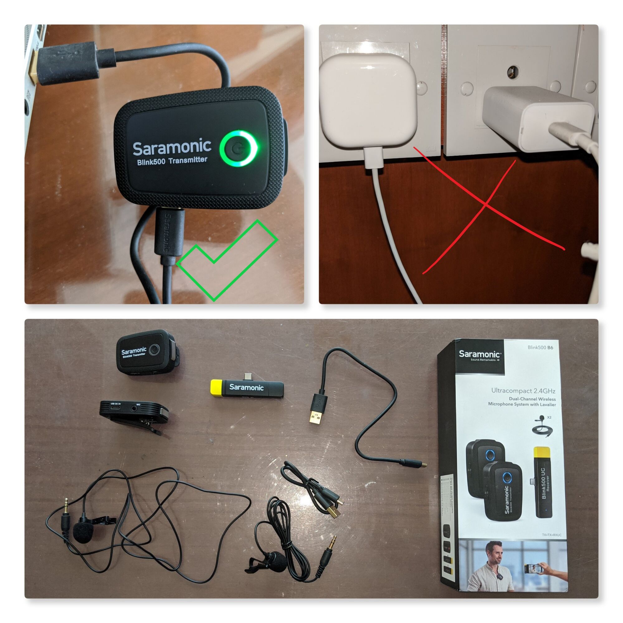 Use only the USB-C charging cable that comes in the box to charge the Saramonic Blink500 B6