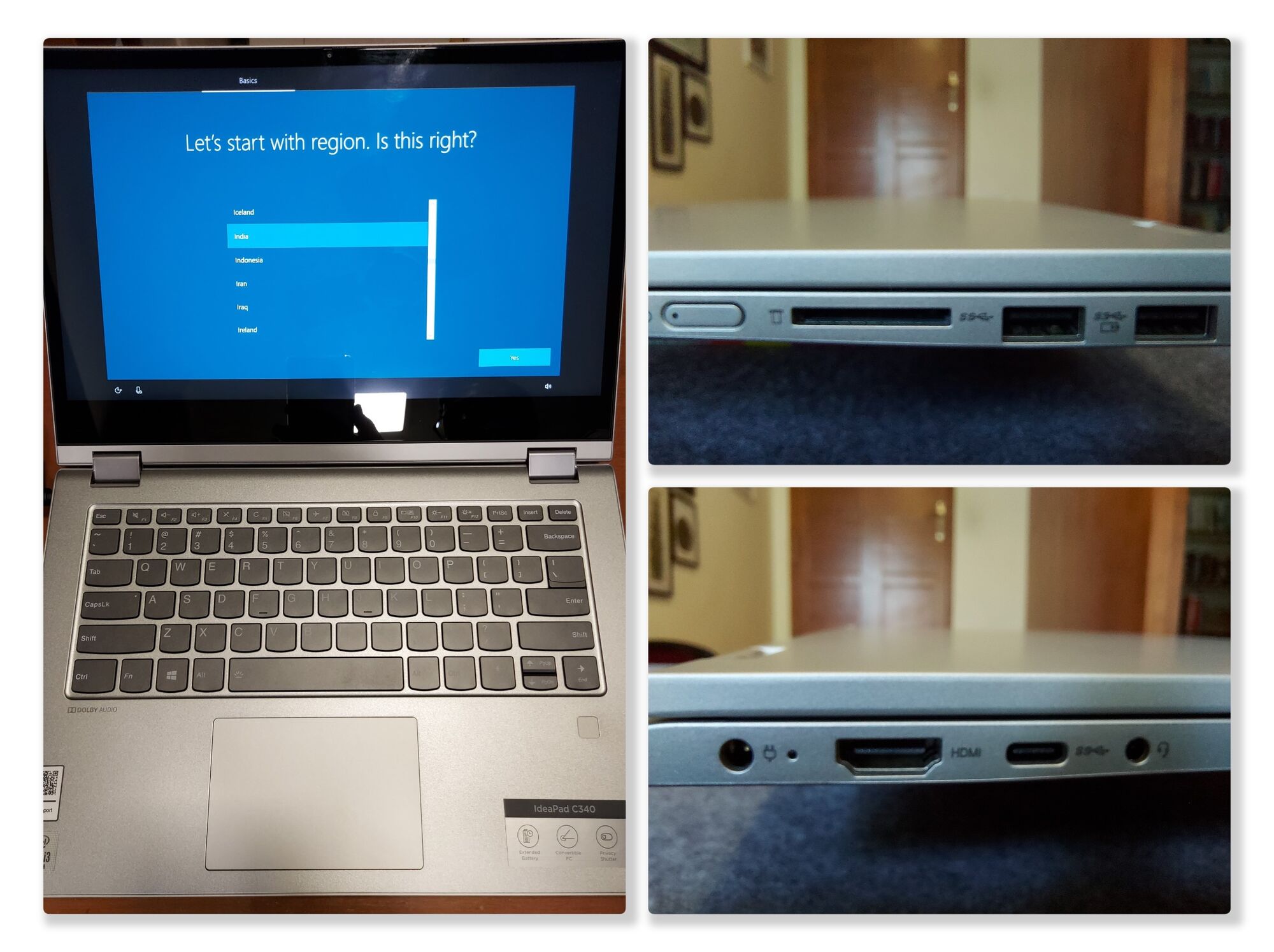 Lenovo IdeaPad C340 - (clockwise) 14" Display; Right-side - Power button, 2 x USB 3.1 Type-A, SD Card; Left side - Audio Jack, HDMI & USB-C.
