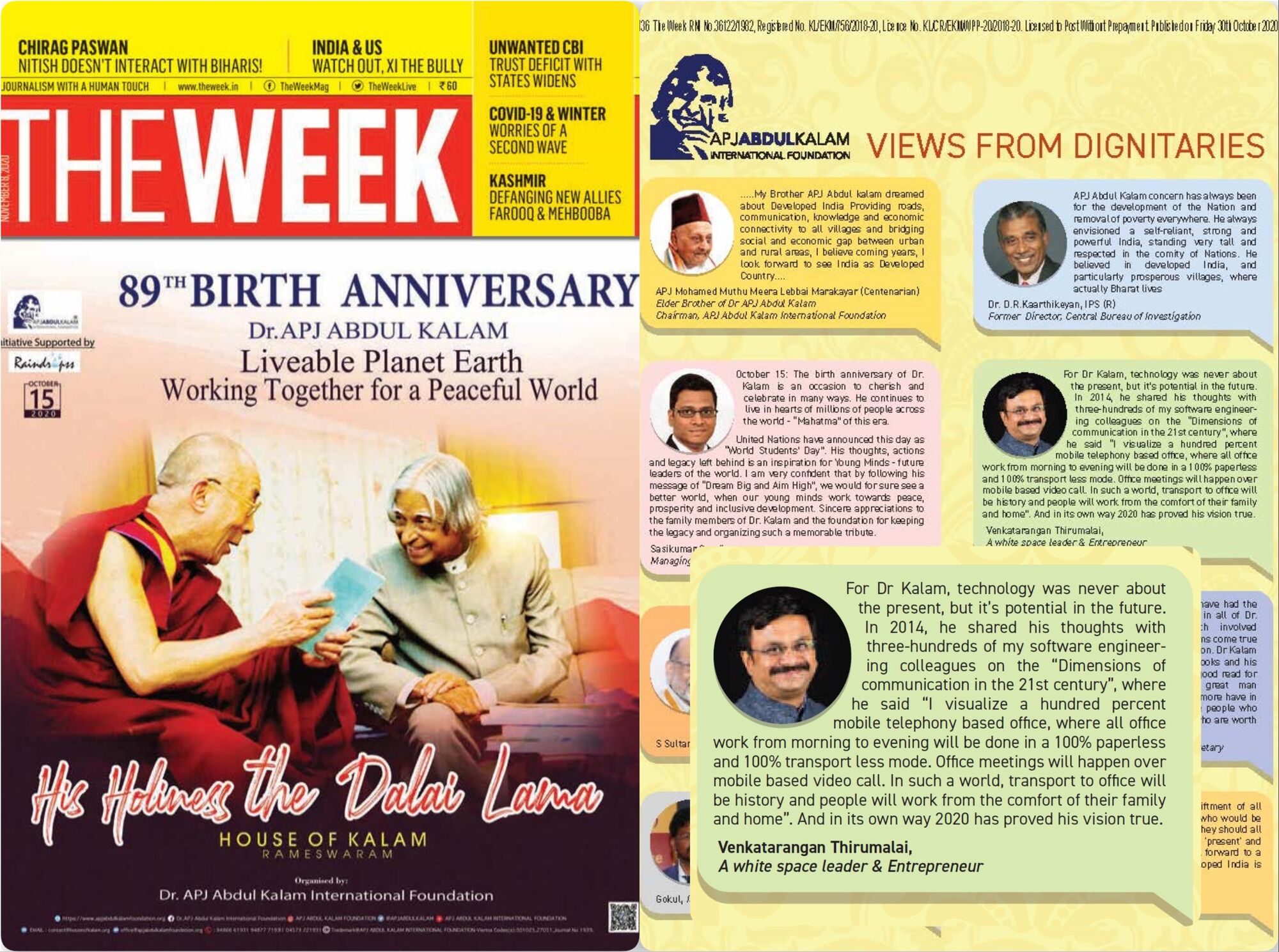 The Week Magazine - 8th Nov 2020 - 89th Birth Anniversary of Dr. APJ Abdul Kalam and His Holiness the Dalai Lama