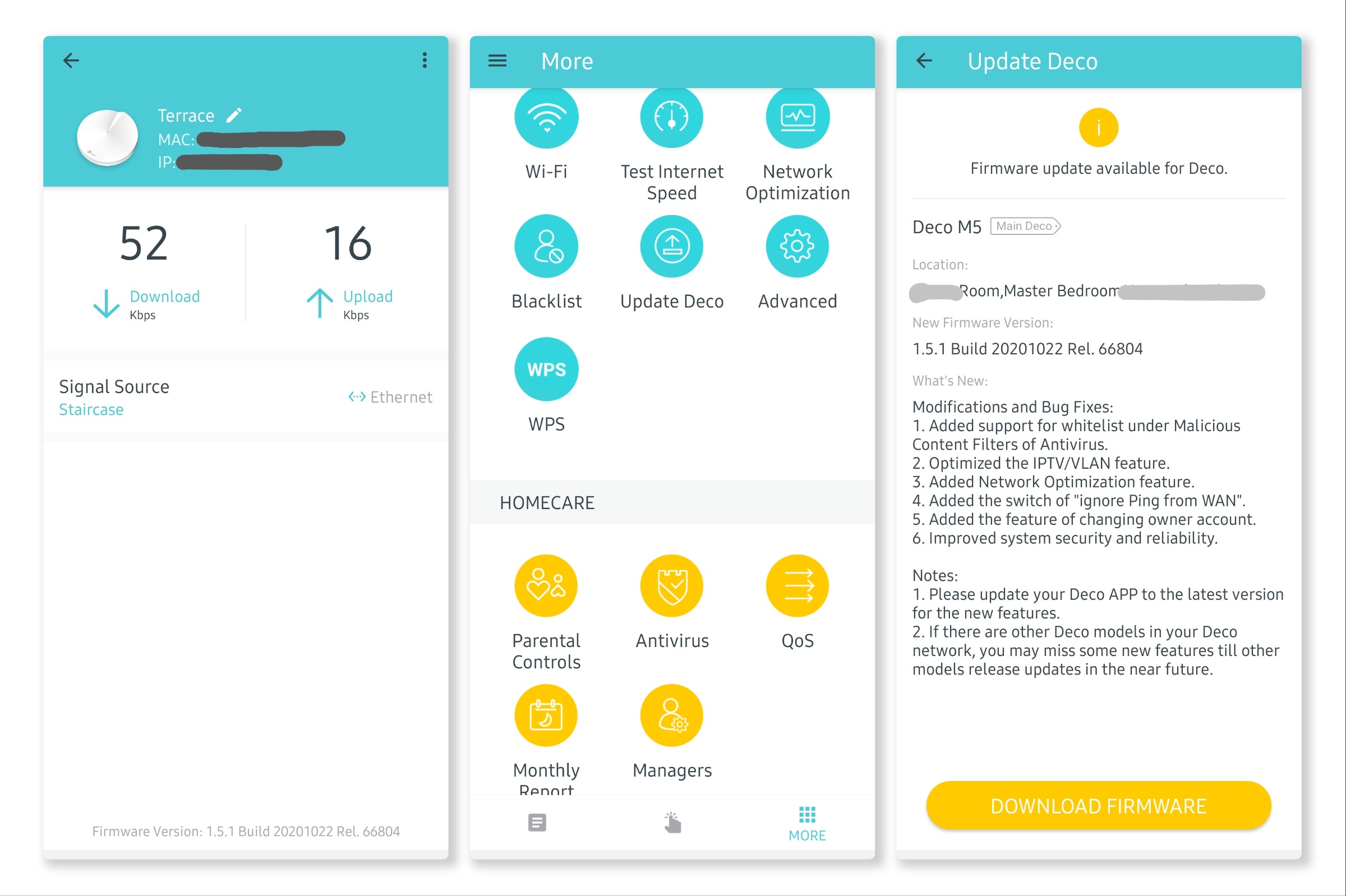 A few screens from the Android App of TP-Link Deco Wireless