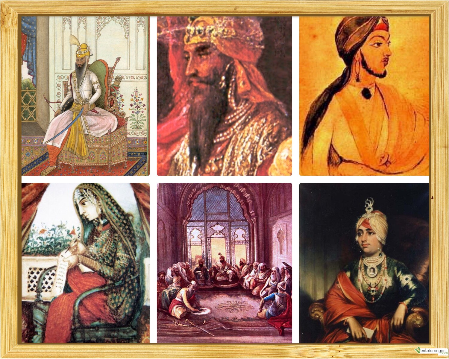 (Clockwise from the top-left) Maharaja Ranjit Singh, Kharak Singh, Nau Nihal Singh, Chand Kaur, Sher Singh & Duleep Singh