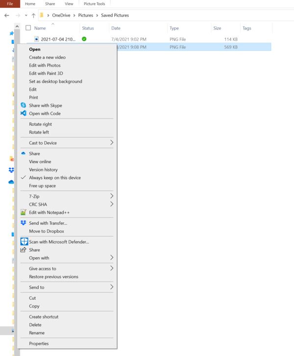 Windows 10 File Explorer, Right-Click options 