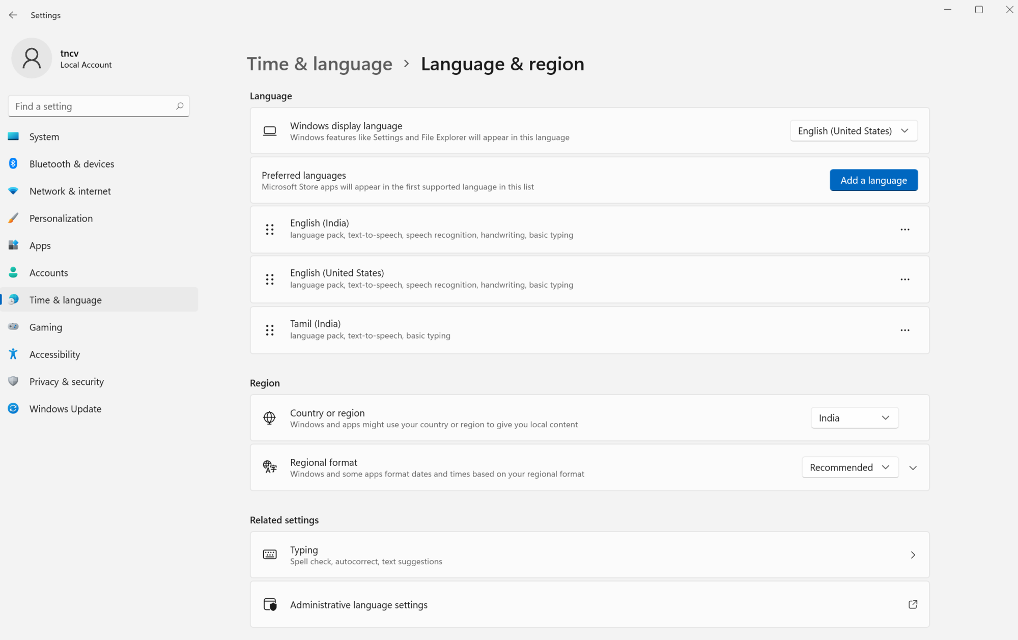 Windows 11 - Time & Language - Language & Region