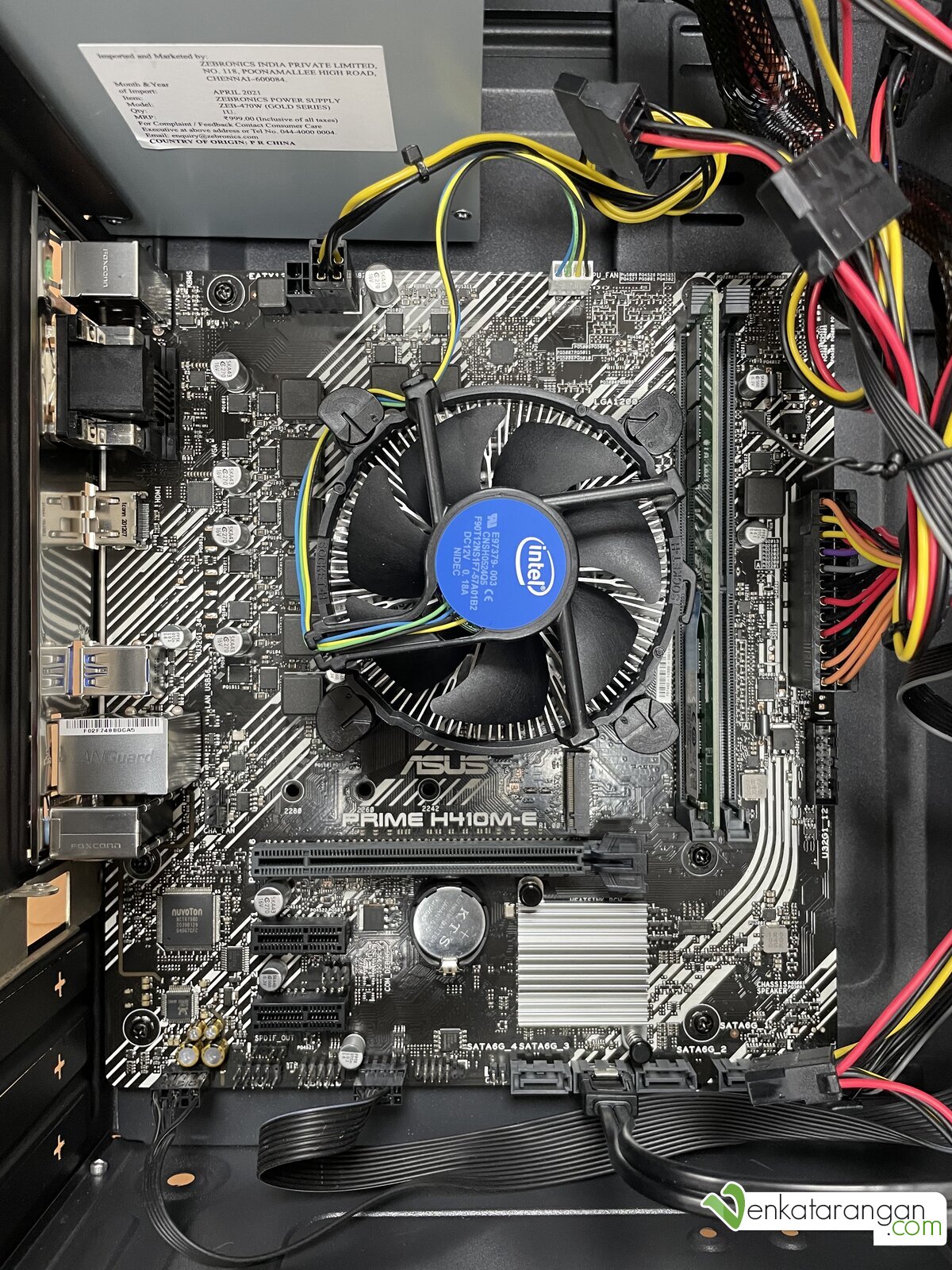 Closeup view of Intel Core i5 10400 on an ASUS Prime H410M-E Motherboard with Intel Graphics 630.