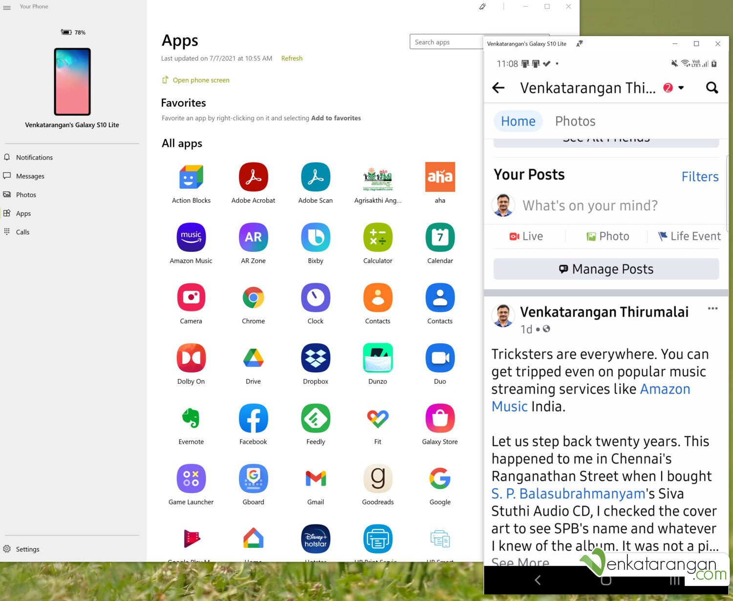 Windows 10 Your Phone App showing apps running from Samsung Galaxy S10 Lite and Facebook app on the right