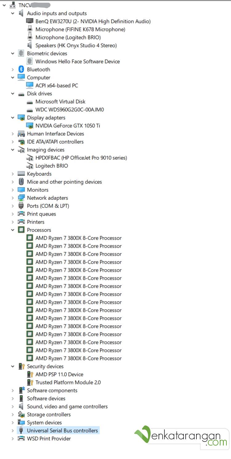 Windows 10 Device Manager view of Asus TUF, AMD Ryzen 7 PC
