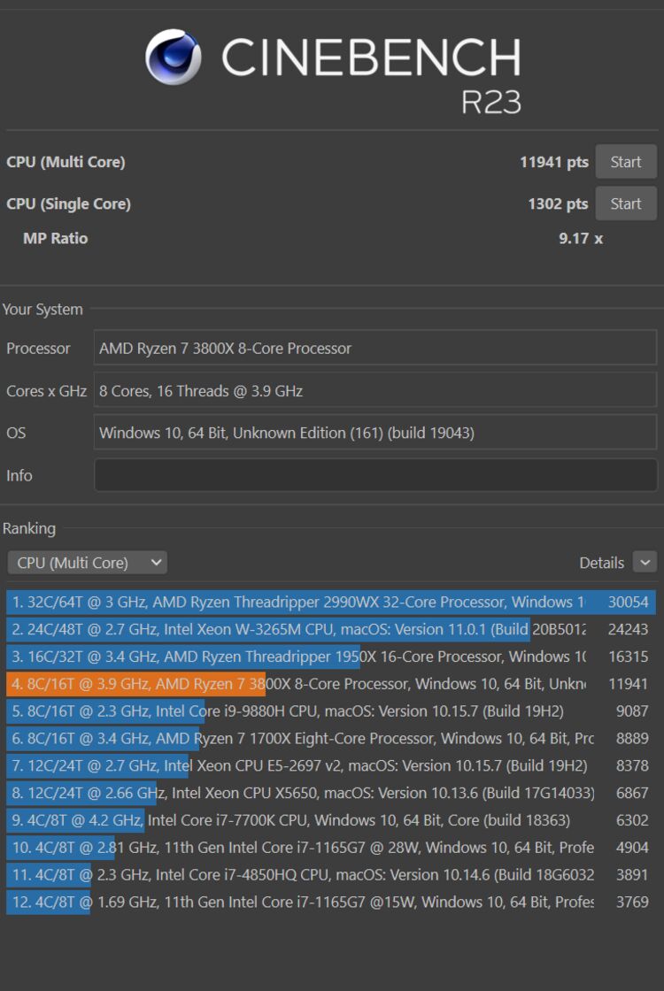 Cinebench R23 score of AMD Ryzen 7 3800X 8-Core Processor - Multi core