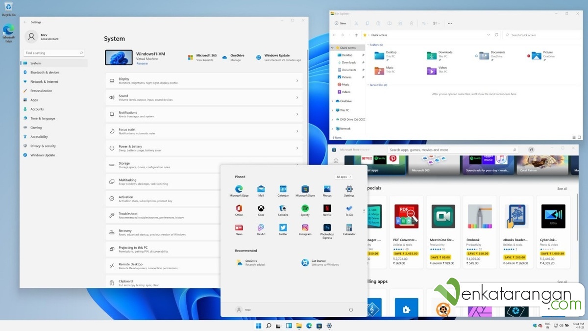 Figure 1: Windows 11-The all-new rounded-corners and fluent design, seen here are the Settings app, File Explorer, Dock, and the Microsoft Store