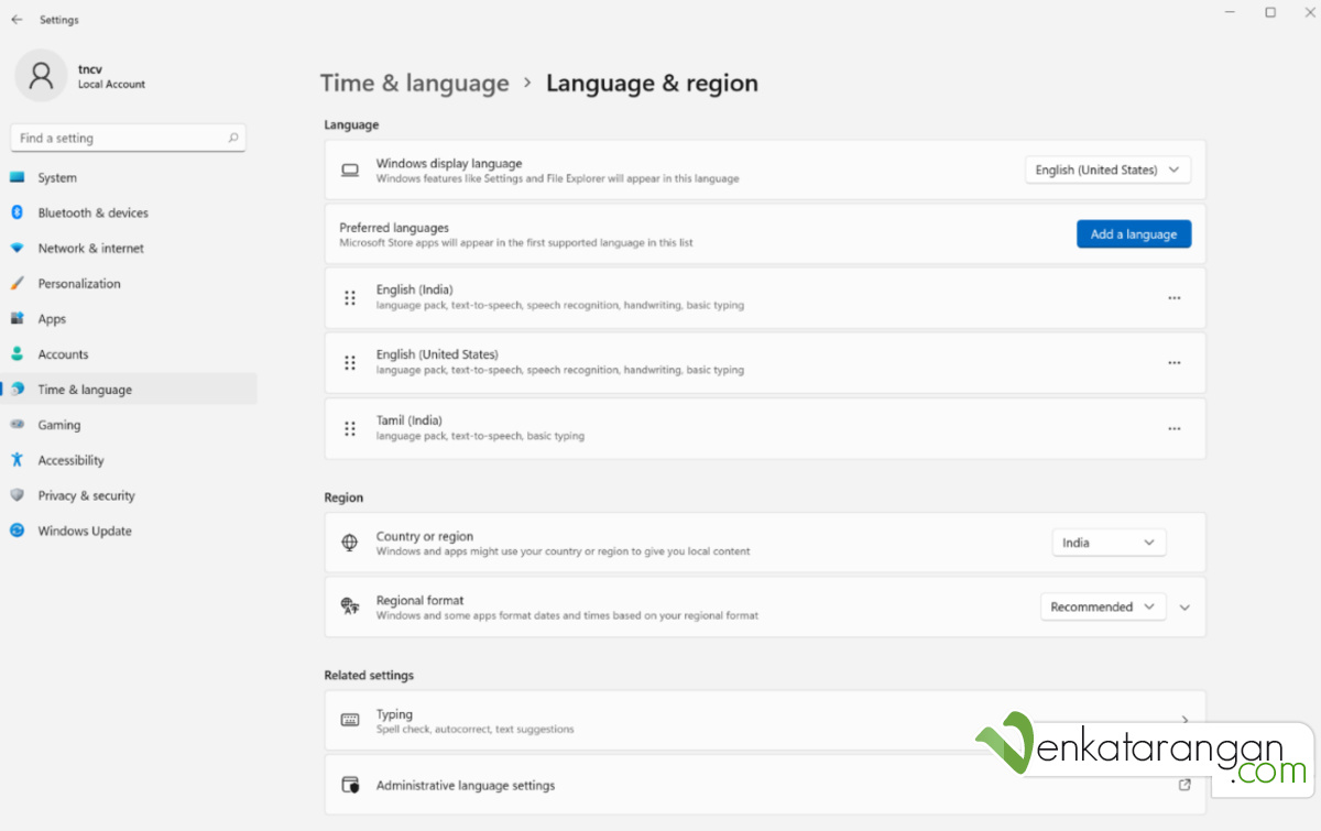 Figure 4: Windows 11 – Time & Language – Language & Region