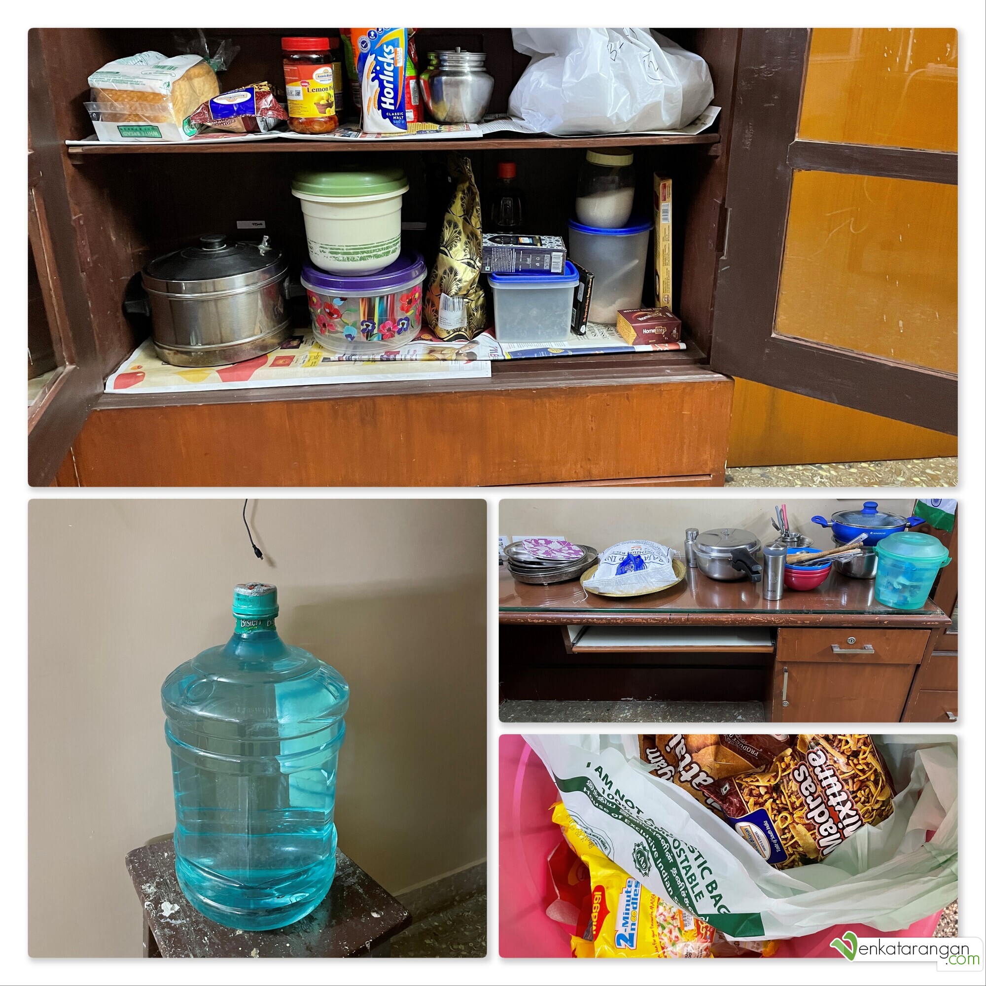 Eatables, plates, utensils, spoons, rice cooker, snacks, noodles, groceries & drinking water are kept for emergency purposes on the first floor of our house.