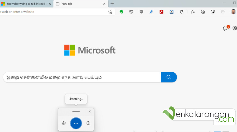 Tamil language voice typing out of the box on Microsoft Edge browser in Windows 11