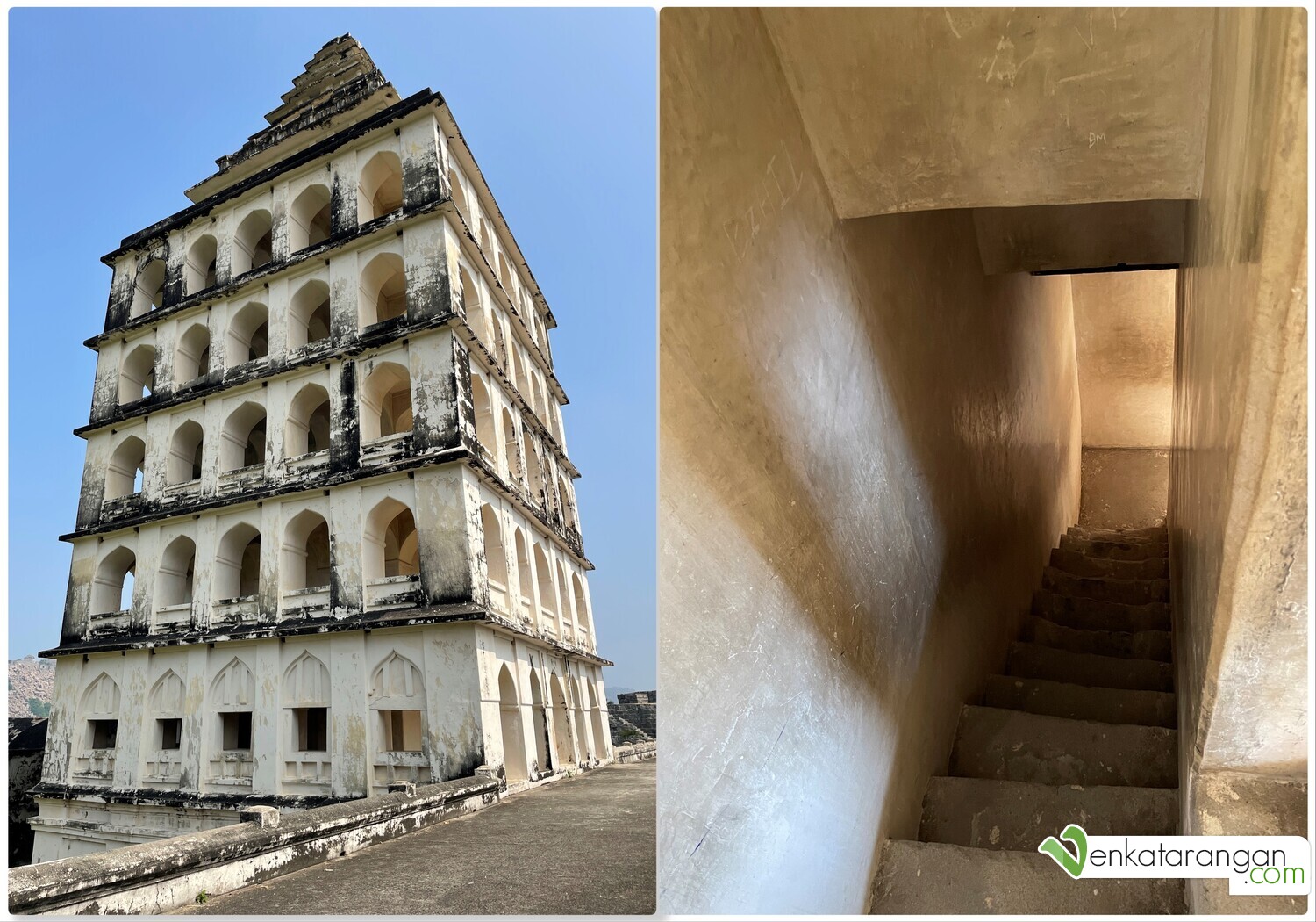 Kalyana Mahala, is the architerctural treasure of the place and the resemblance to the tower in Tanjore palace is obvious due to both being constructed during the Nayaka period. The picture on the right is one of the many staircases to go between the floors. 