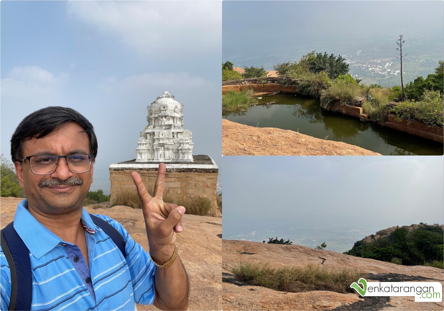 Having climbed all the way to the summit of Sankagiri fort, Venkatarangan is delighted (Left picture). The top right pictures shows a moat on the fort walls on the top of the hill. 