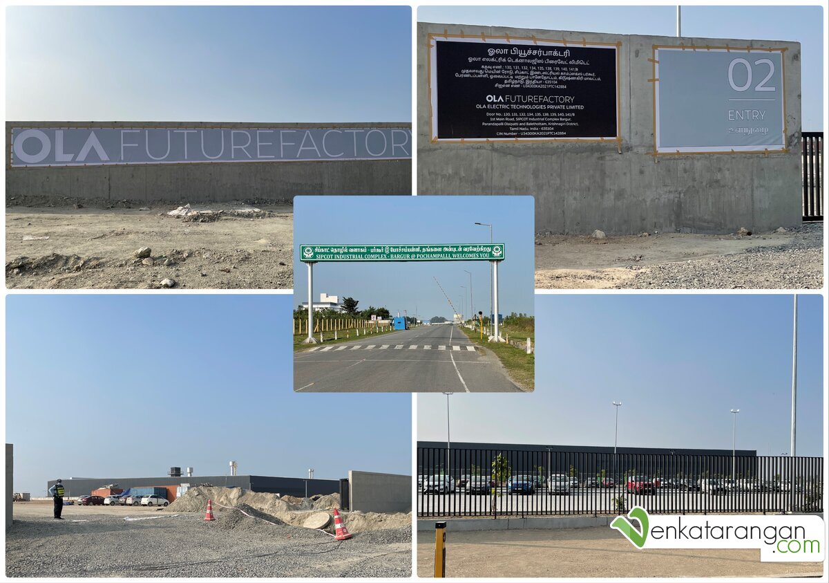Pictures of the OLA Future Factory at the SIPCOT Industrial SEZ complex at Bargur & Pochampalli, Tamil Nadu. You see rows of cars parked of employees working inside. 