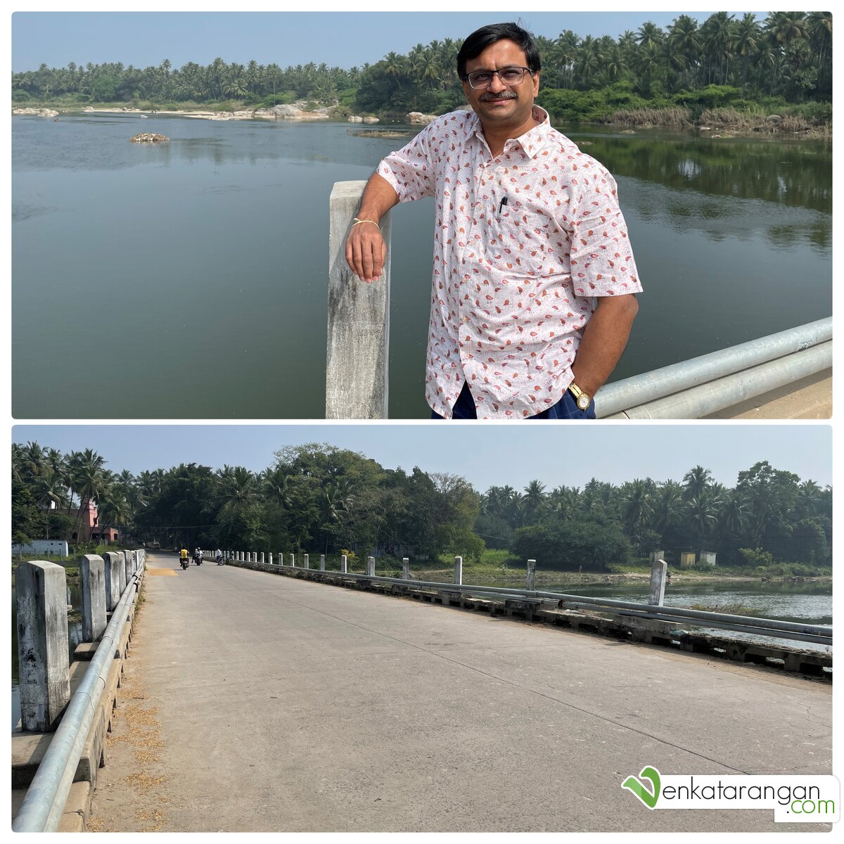 Venkatarangan standing in the road bridge over Then Pennai River near Agaram check dam in Kariamangalam to Pochampalli Road