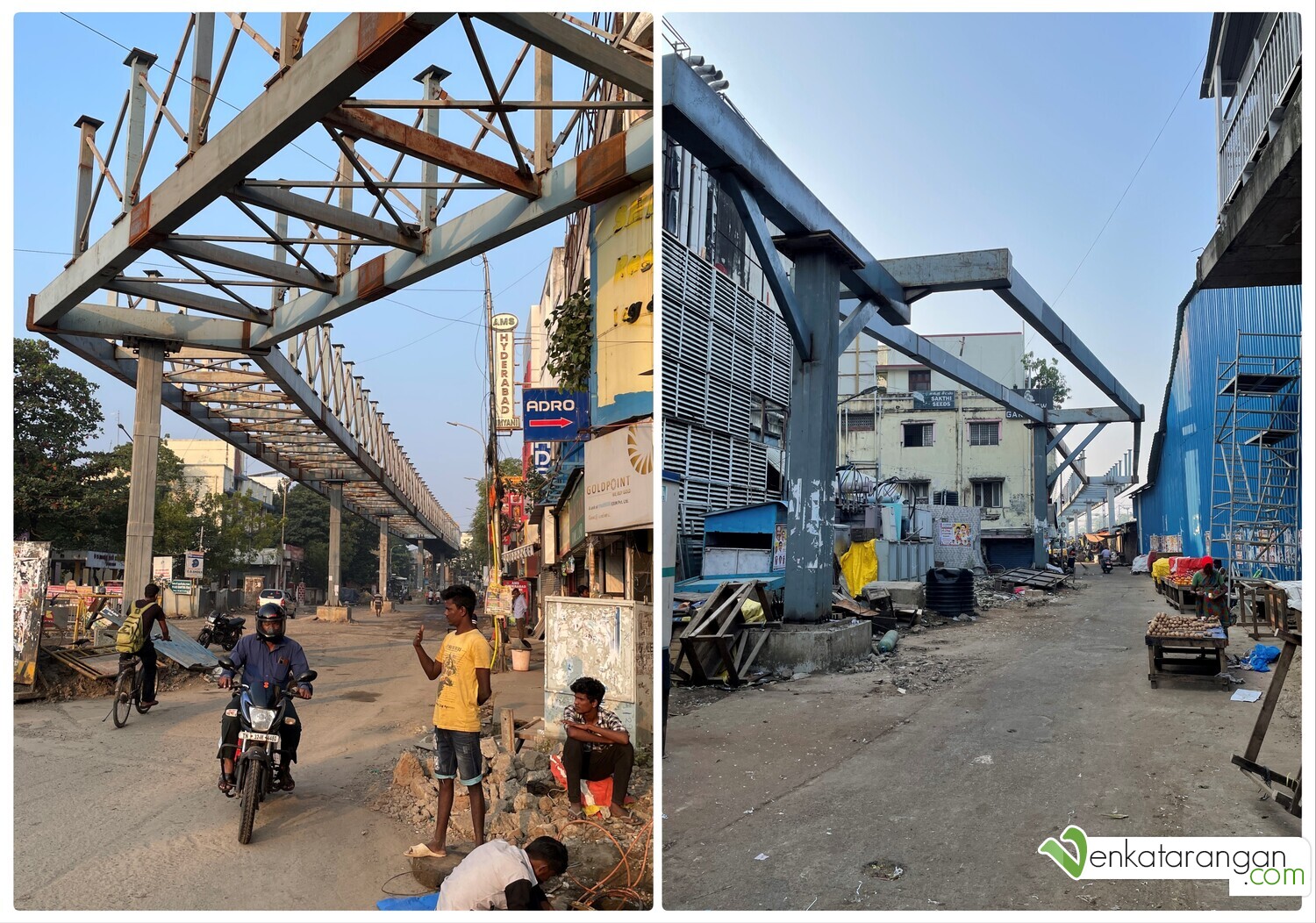 A view of the under-construction INR 300 crores Skybridge for pedestrians walking between the T.Nagar bus terminus and the Mambalam Railway station, avoiding the crowd on the shopping district below