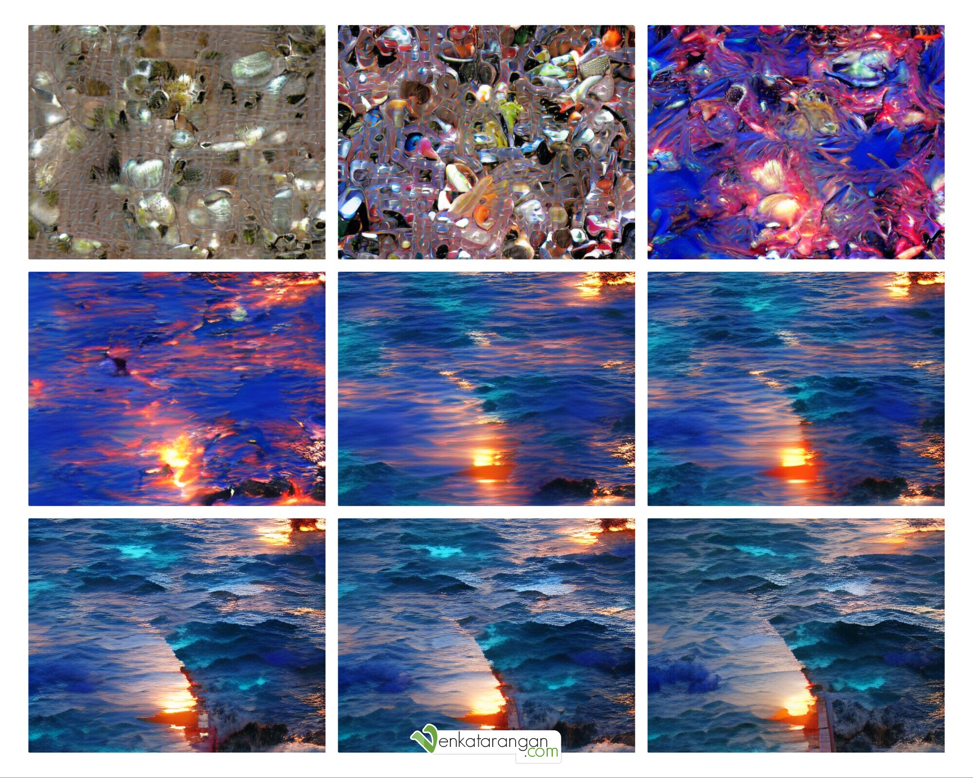Generated images for the caption "the sunset and the blue waters" with VQGAN and OpenAI CLIP, machine learning frameworks.