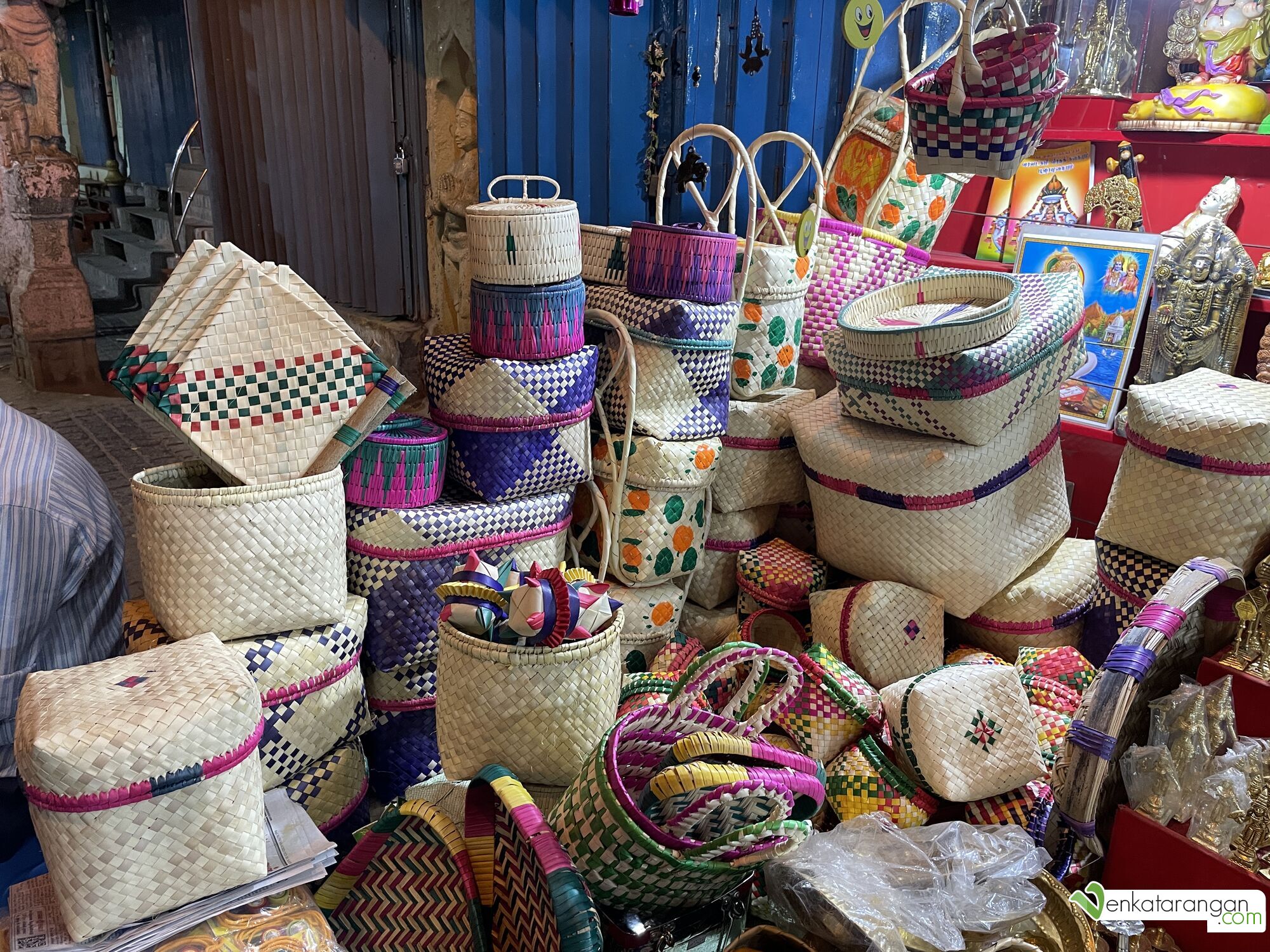 Shops near the temple selling variety of eco-friendly bags and containers made out of palm leaves
