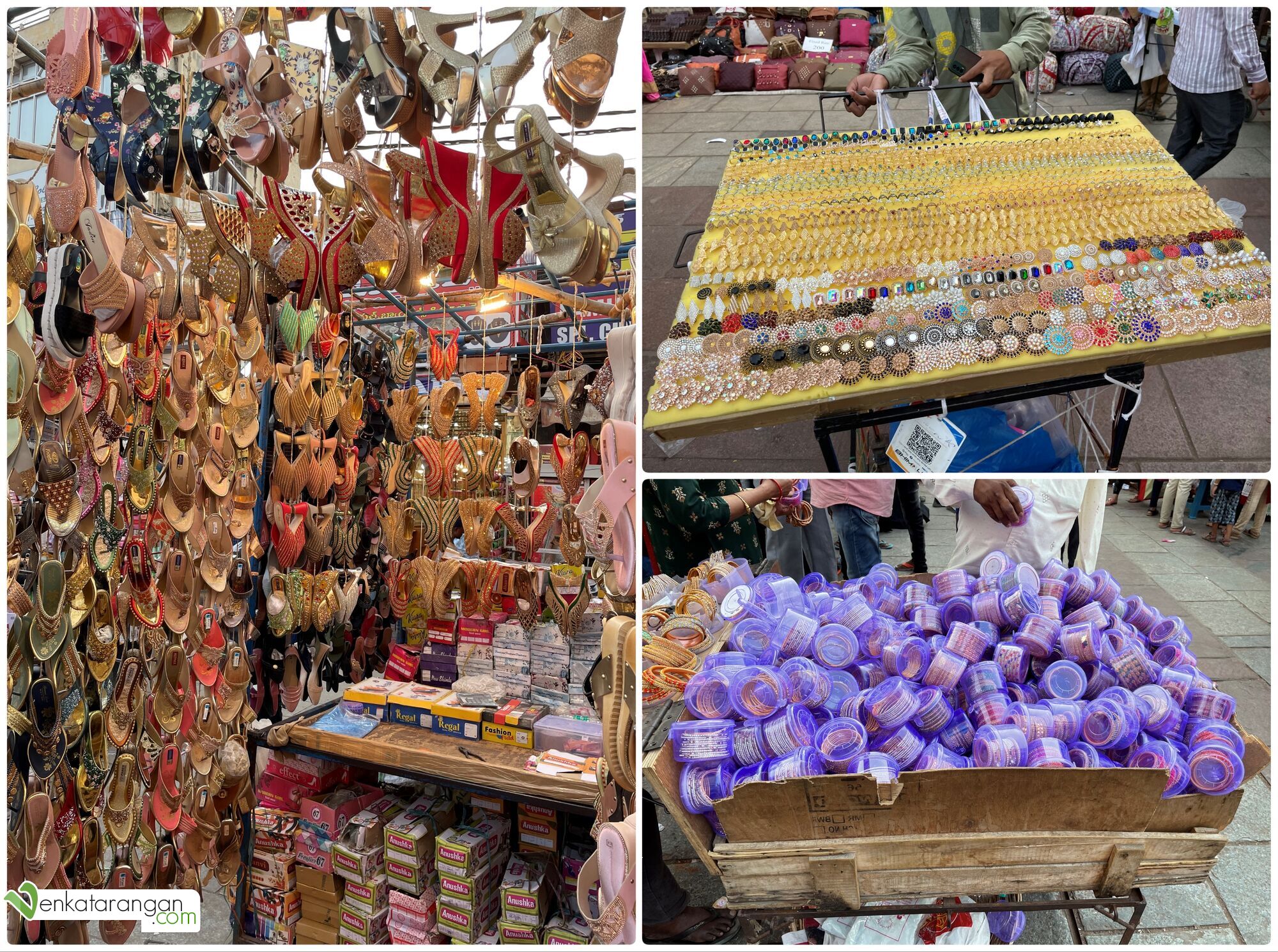 Shops near Charminar selling women bangles, earrings and slippers 
