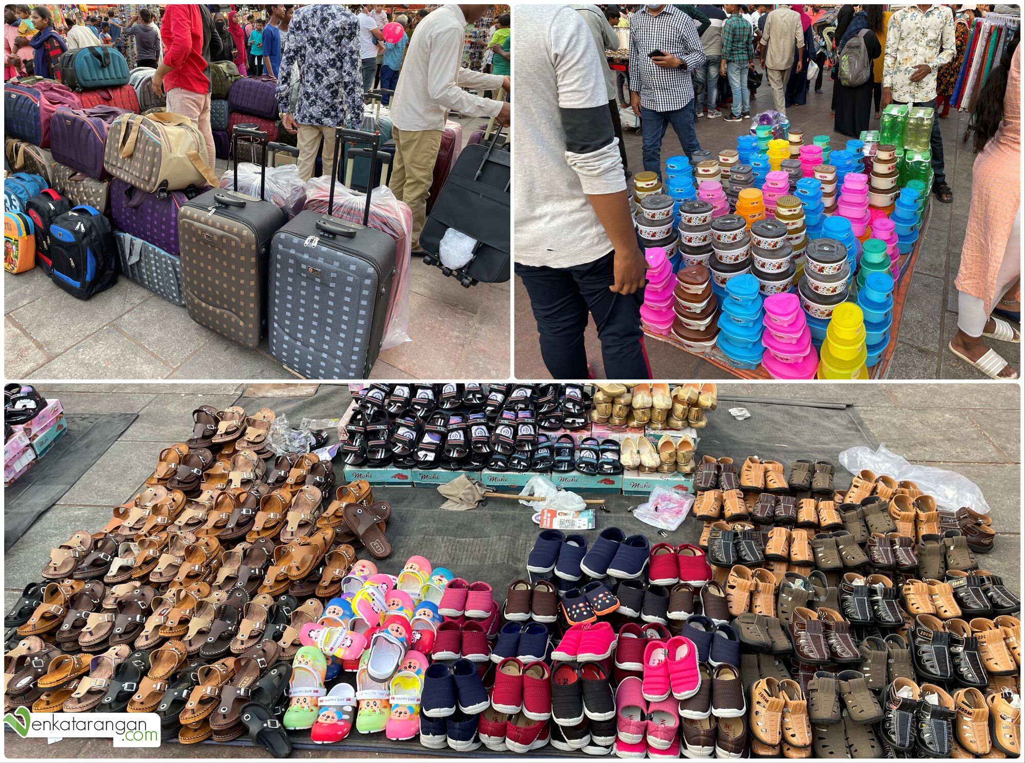 Shops near Charminar selling travel suitcases, storage plastic containers, and baby shoes