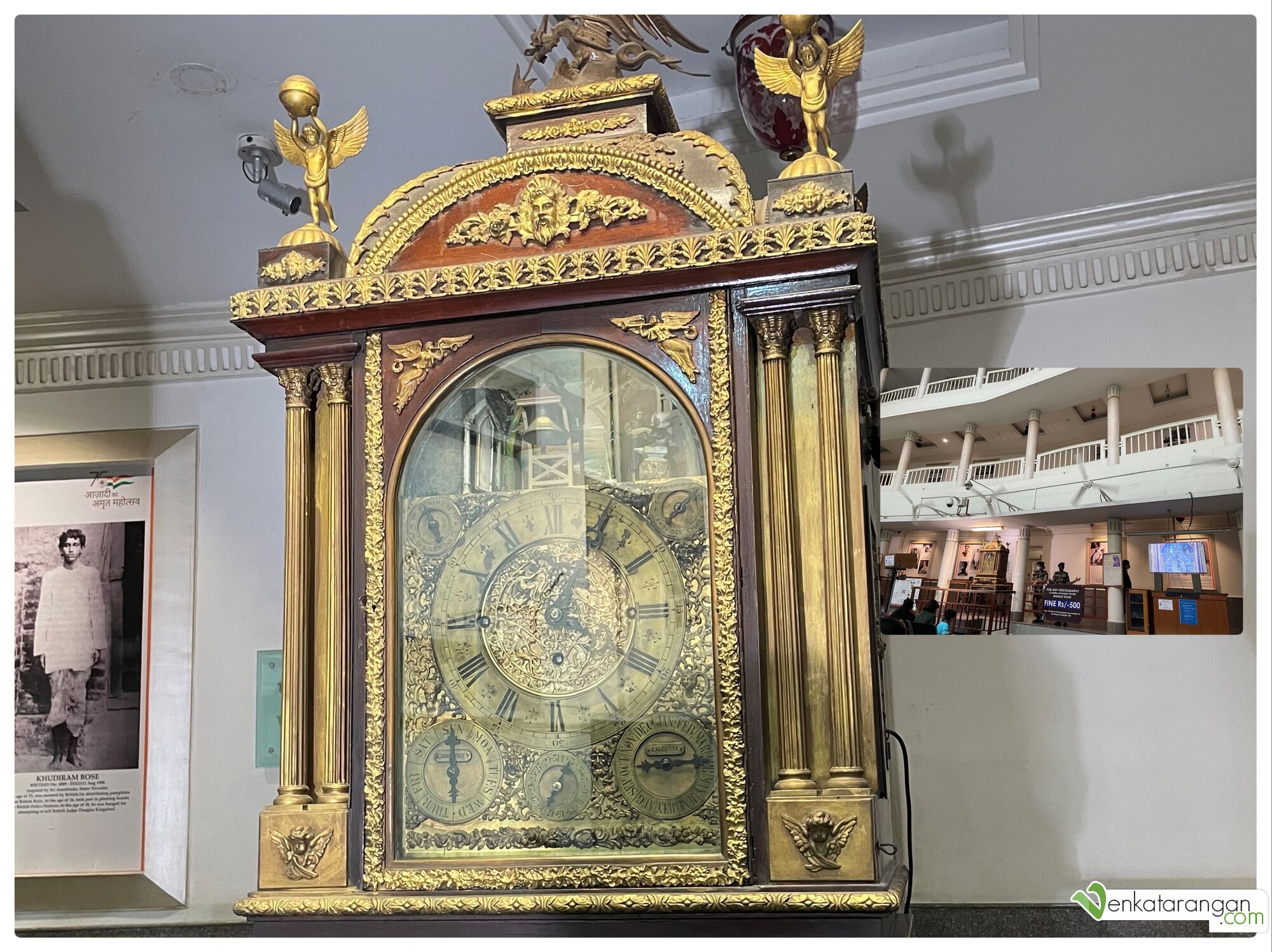 The musical clock which Salar Jung III bought from Cook and Kelvey of England - with over 350 parts brought seperately and assembled in India. Every hour, a timekeeper emerges from the upper deck of the clock and strikes a gong as many times as it is the hours of the day.