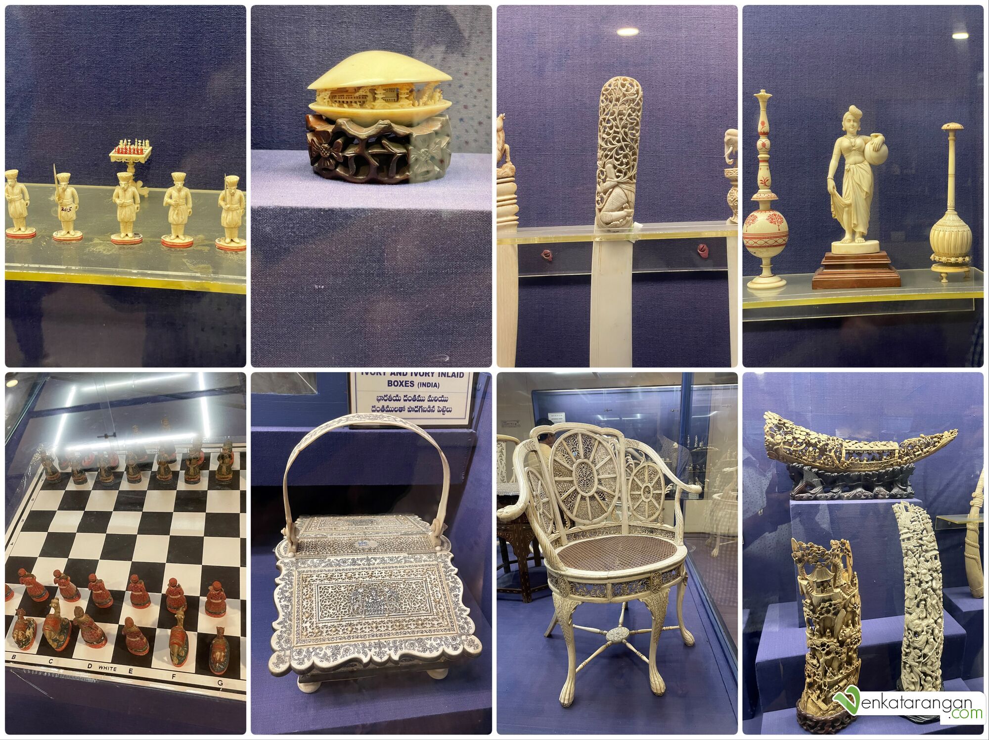Ivory collection - Chair made of ivory, chess pawns made in ivory, knives made in ivory, ivory inlaid flower box, Ivory doll of Kerala lady 