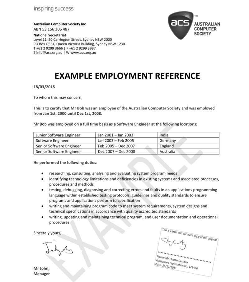 Australian Computer Society - Example Employment Reference